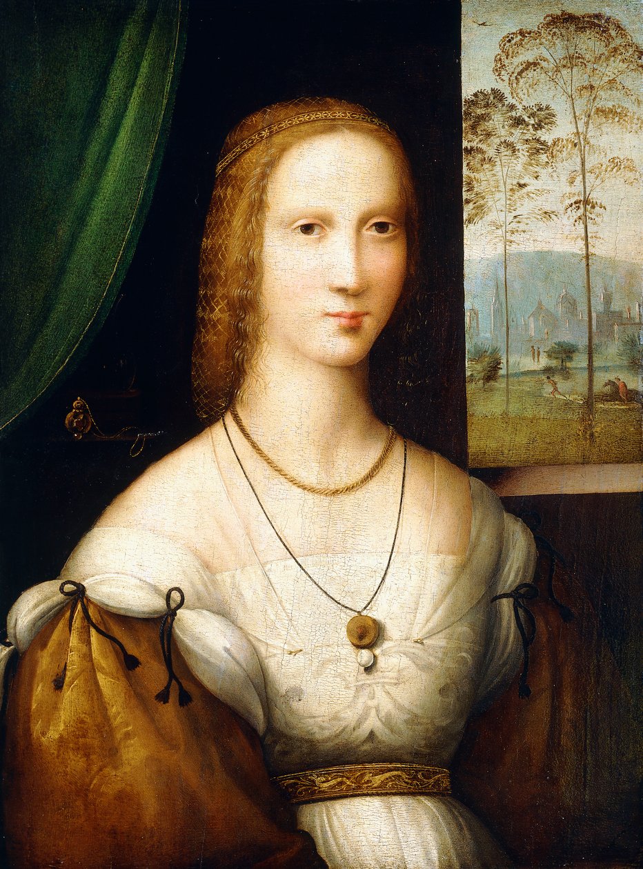 Yarım uzunlukta, altın kollu beyaz bir elbise giyen bir Hanımefendinin Portresi by Master of the Leonardesque Female Portraits
