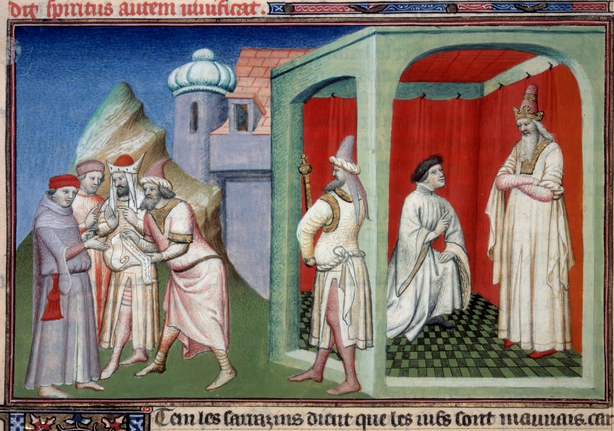Mandeville John ve Sultan. Liege kaşifi (1300-1372) ve Saracens Sultanı Jean de Mandeville tarafından temsil edilen Hıristiyanlar ve Müslümanlar arasındaki ihtilaf. “Dünya Harikaları Kitabı”nda Minyatür Ms. 2810 Folio 175v. El yazması by Master of the Mazarine