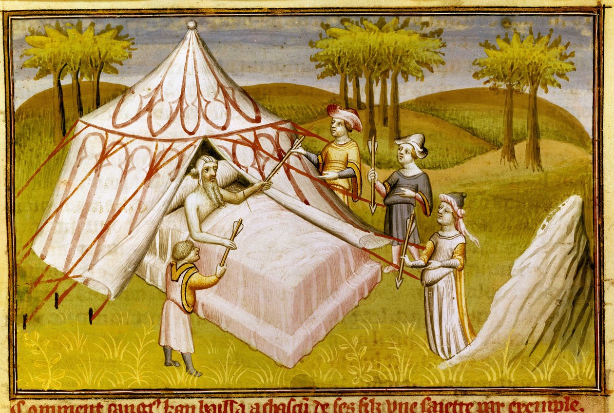 Moğol lideri Cengiz Han ölüm döşeğinde oğullarına son tavsiyelerini verirken, c.1410 (minyatür) by Master of the Mazarine