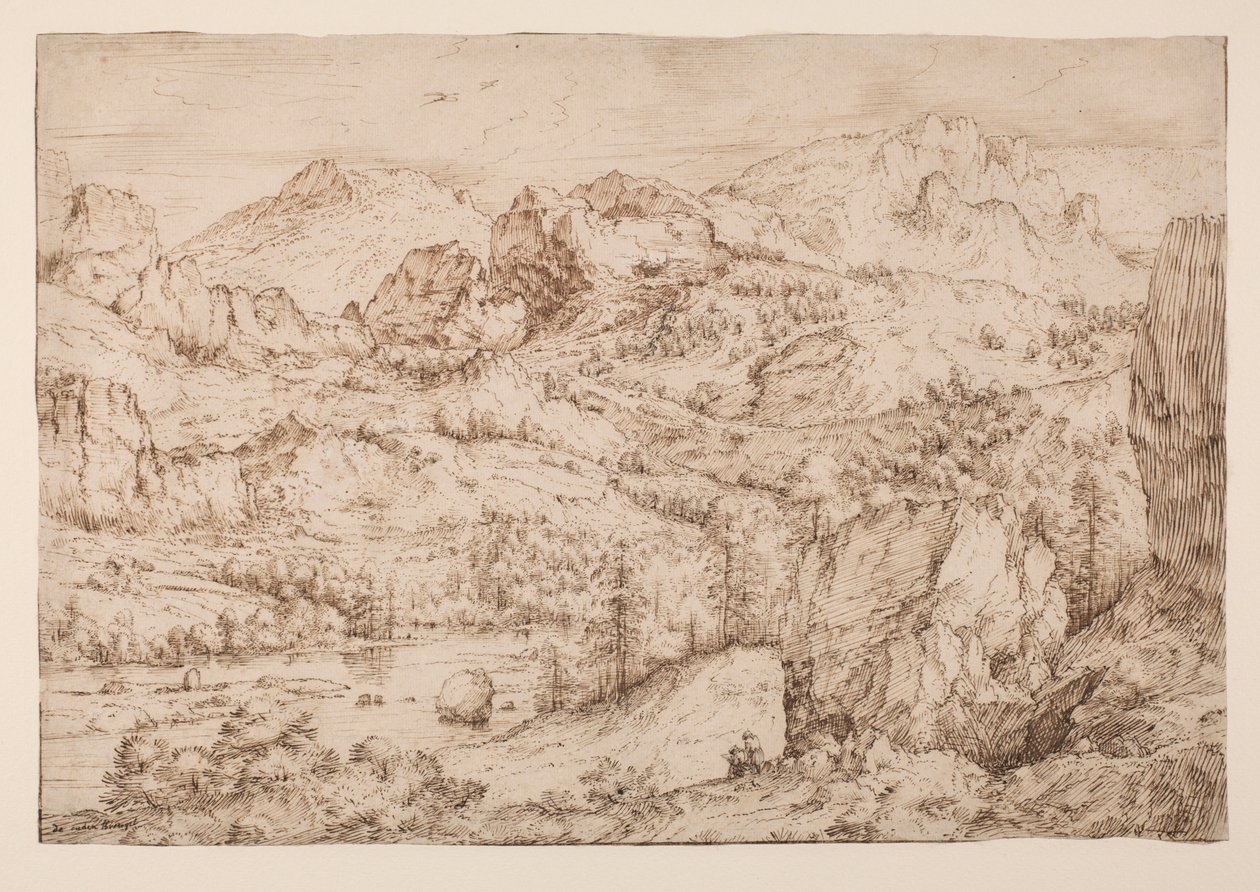 Bir sanatçının eskiz yaptığı manzara, yaklaşık 1606-08 (kalem ve mürekkep ve kağıt üzerinde siyah tebeşir) by Master of the Mountain Landscapes