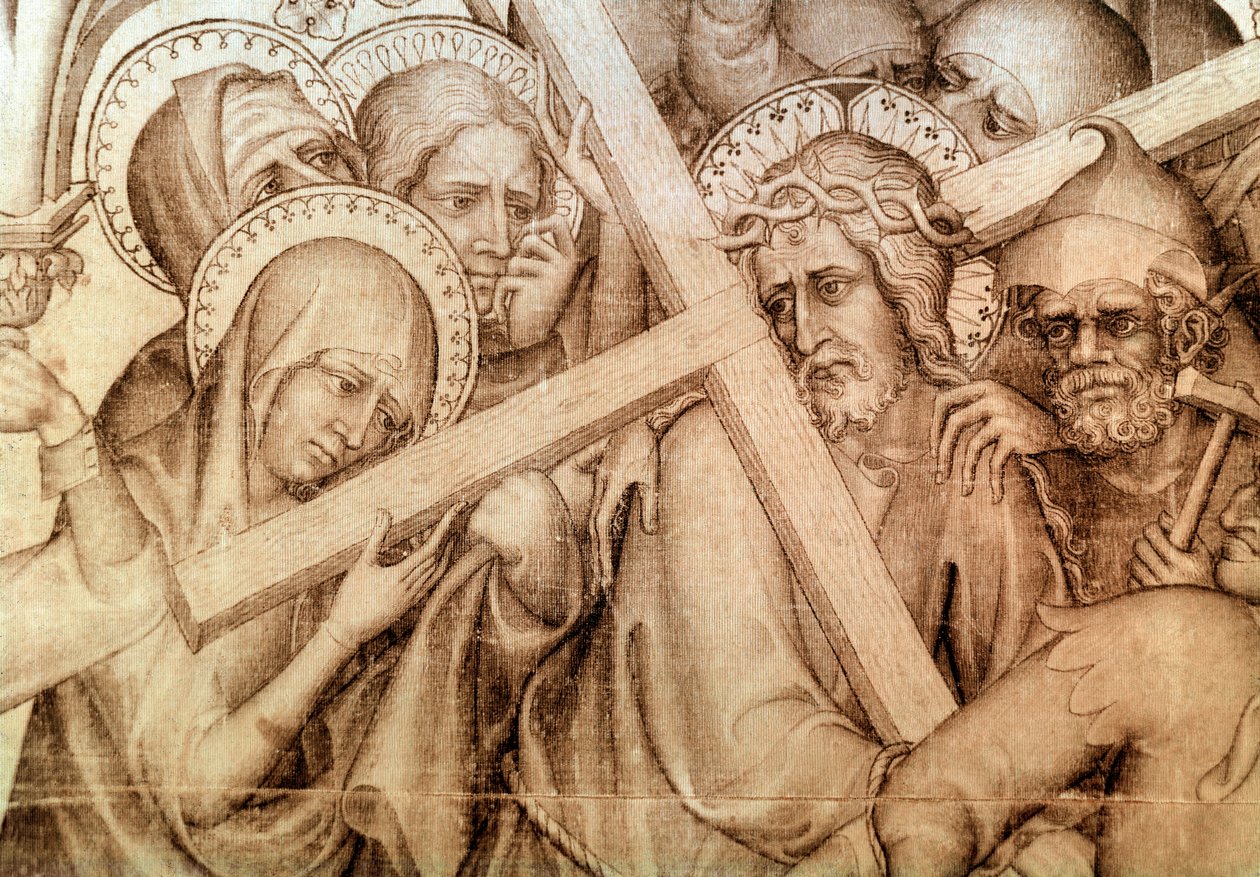 Narbonne'un parementi: Çarmıhını taşıyan İsa (ipek üzerine grisaille) by Master of the Parement of Narbonne
