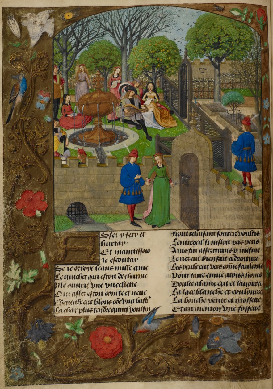 Harley_4425_f12v Duvarlarla çevrili bir bahçede Lutenist ve şarkıcılar. Aşık ve Dame Oyseuse (Aylaklık), bahçe duvarlarının dışında, Guillaume de Lorris
