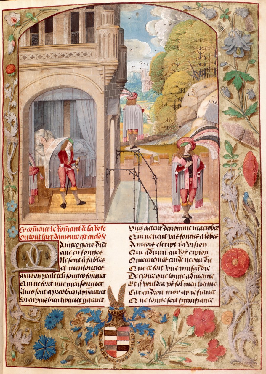Harley 4425, fol.7 The Lover Sleep, Rising and Going to the Garden of Love, Guillaume de Lorris ve Jean de Meung tarafından yazılan 