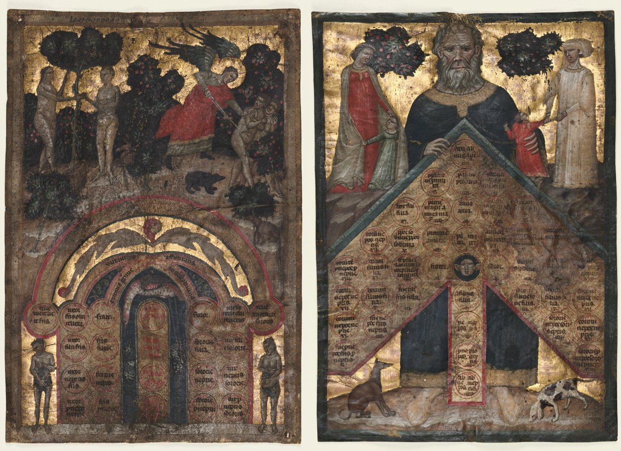 Johannes Andrea'nın "Akrabalık ve Yakınlık Ağacı Üzerine Ders Kitabı: Yakınlık Tablosu ve Akrabalık Tablosu"nun Bir Ciltinden Yapraklar by Master of the Register of 1328