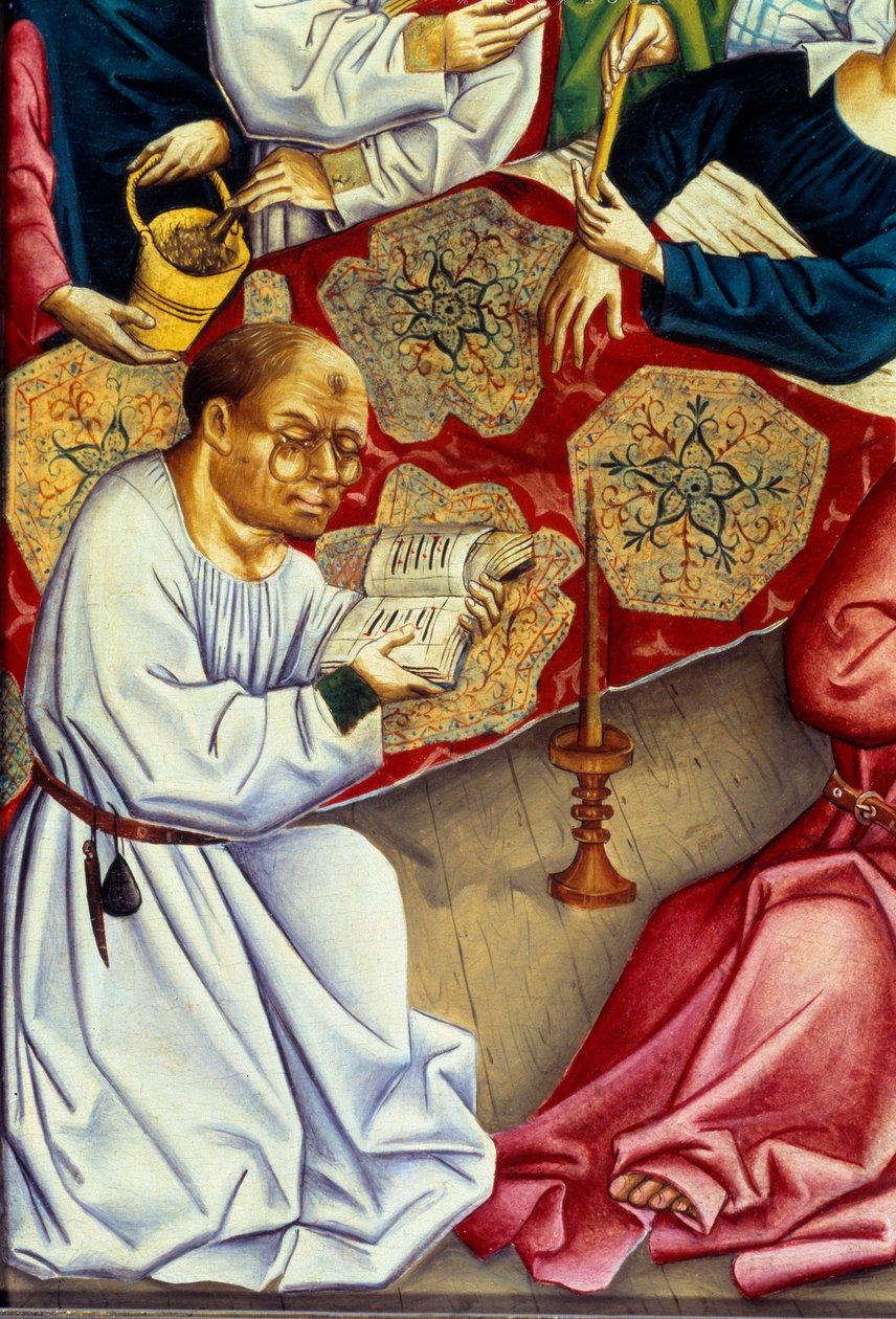 Gözlüklü okuyan bir keşişi temsil eden Bakire Detay'ın ölümü. Yukarı Ren Efendisinin Tablosu (15. yüzyıl) by Master of the Rhine