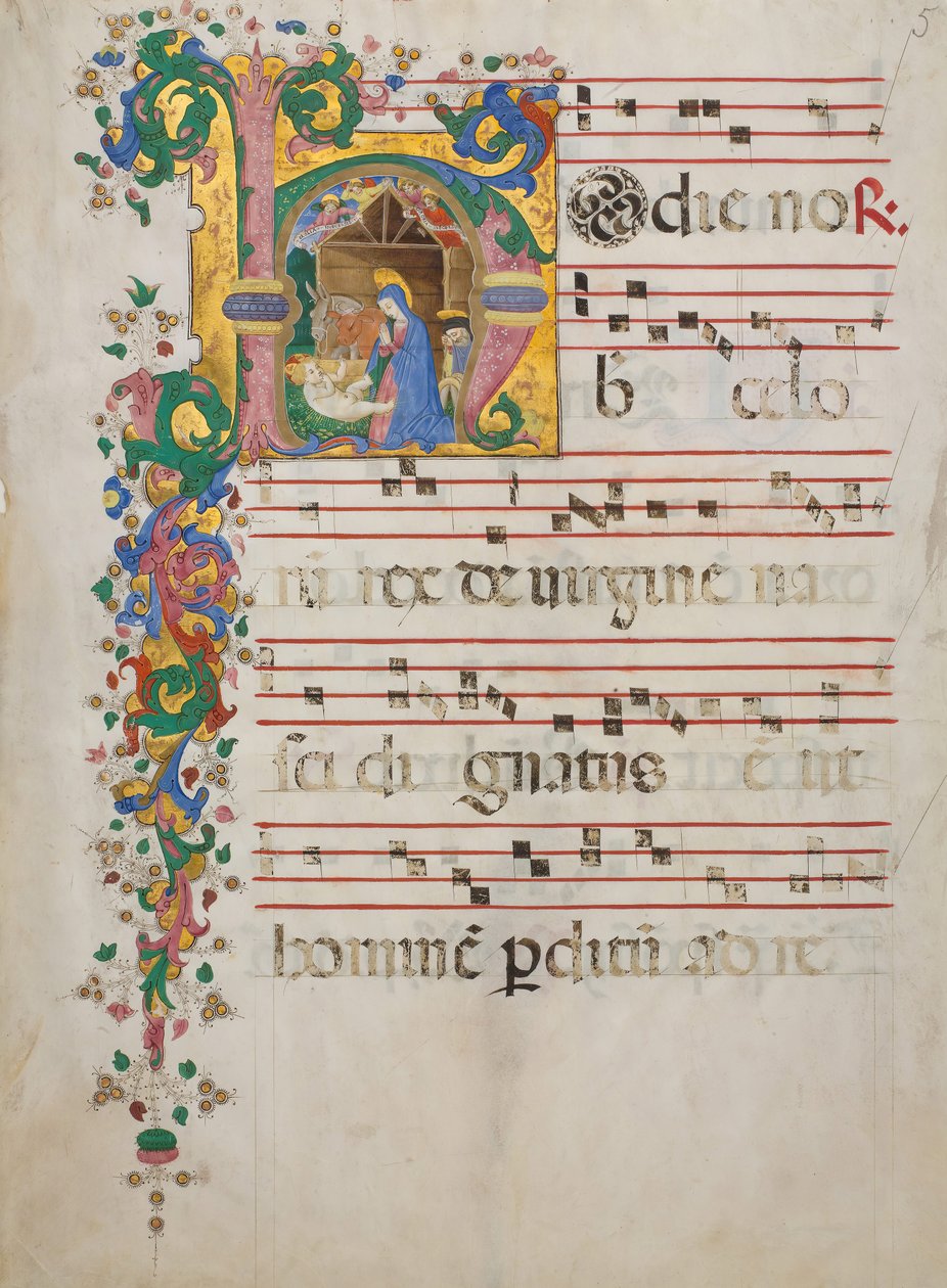 Bir Antiphonary, İtalyanca, 15. yüzyılın ikinci yarısından Baş Harfinde Doğuş ile El Yazması Yaprağı by Master of the Riccardiana Lactantius