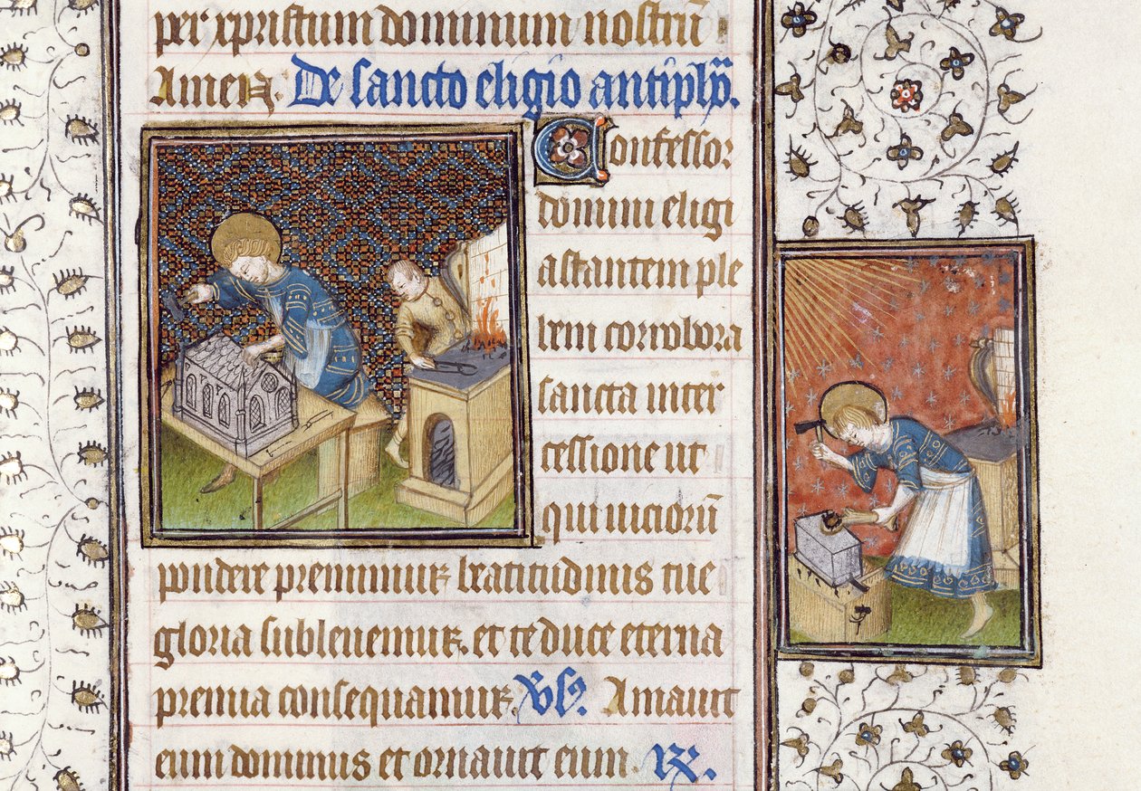 Ms 62 f.215r St. Eligius bir Tapınak yapıyor; Bir Saatler Kitabından Bir Örsteki Aziz Eligius by Master of the Rohan Hours