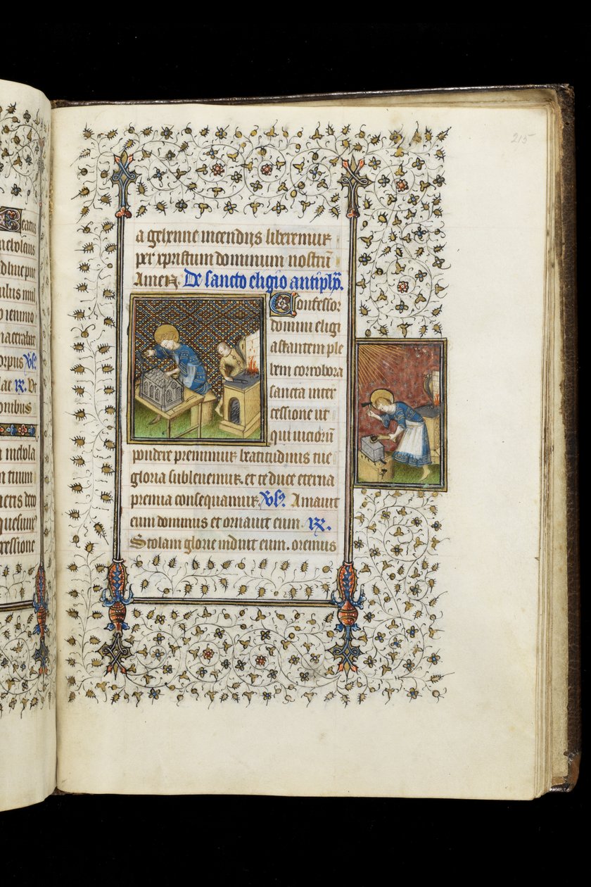 Ms 62 f.215r St. Eligius bir Tapınak yapıyor; St. Eligius at an Anvil, from a Book of Hours, c.1445-50 (parşömen) by Master of the Rohan Hours