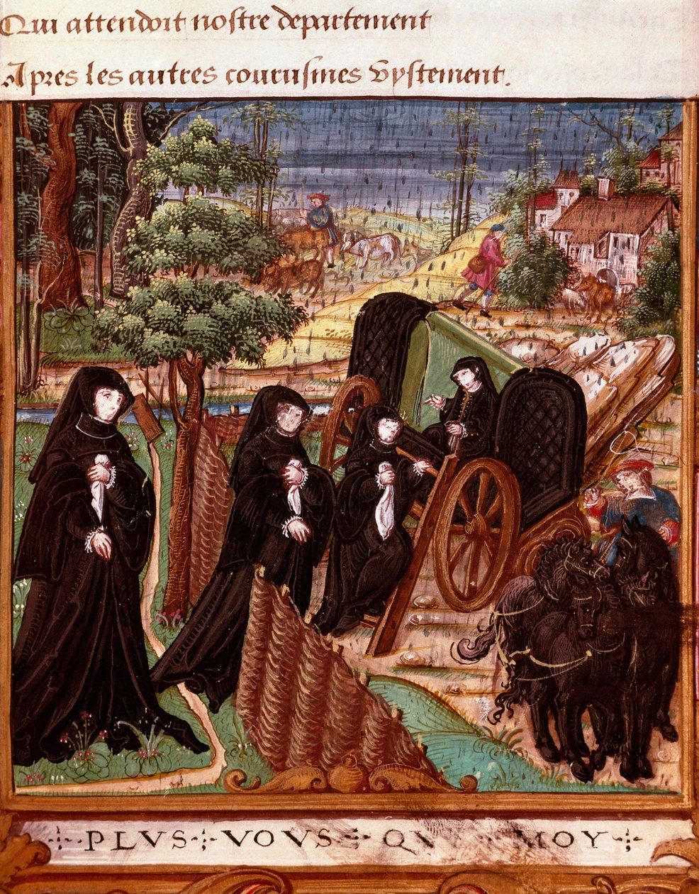 Navarre Kraliçesi Margarita Angoulema'nın (1492-1549) refakatçisi tarafından yürüyüş için bir vagona binerken temsili””” Angoulema Margaret'in “” La coche ou Debat d'Amour””” adlı el yazmasından alınmış sayfa Ma tarafından aydınlatılmış by Master of the Rohan Hours