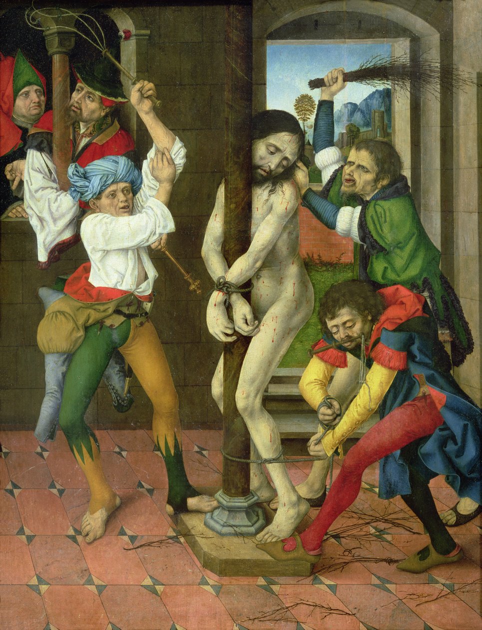 İsa'nın Kırbaçlanması, Tutku Sunağı'nın yan paneli (panelde yağ) by Master of the Strache Altar
