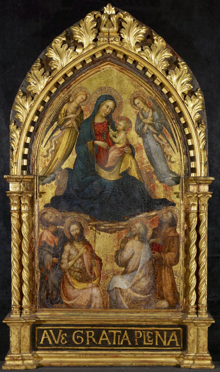 Melekler ve Dört Aziz ile Bakire ve Çocuk, c. 1400-15 (panelde tempera ve altın varak) by Master of the Straus Madonna