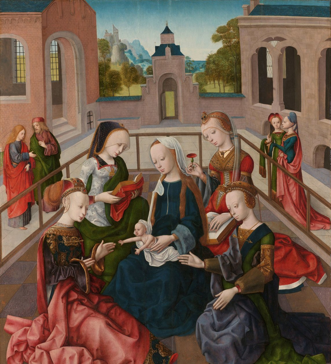 Dört Kutsal Bakire ile Bakire ve Çocuk Maria bir araya geldi de heiligen ile tanıştı Catharina, Cecilia, Barbara ve Ursula by Master of the Virgo Inter Virgines