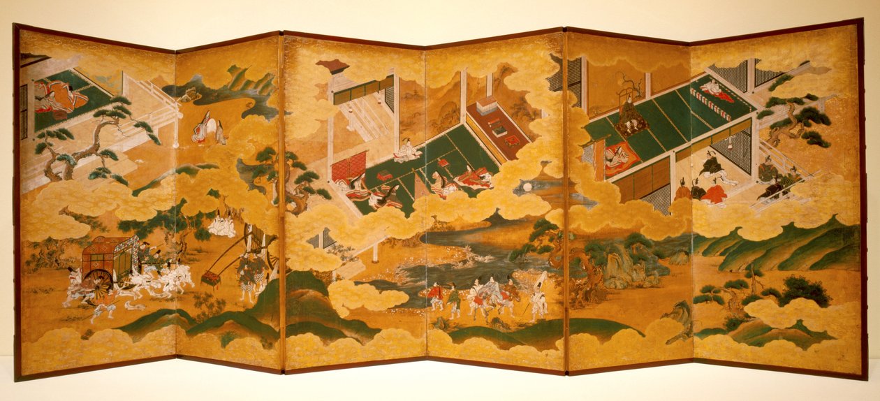 Tales Of Genji, c.1650 (kağıt üzerine mürekkep, renkli ve altın varak, altı katlı ekran) by Matabei Iwasa
