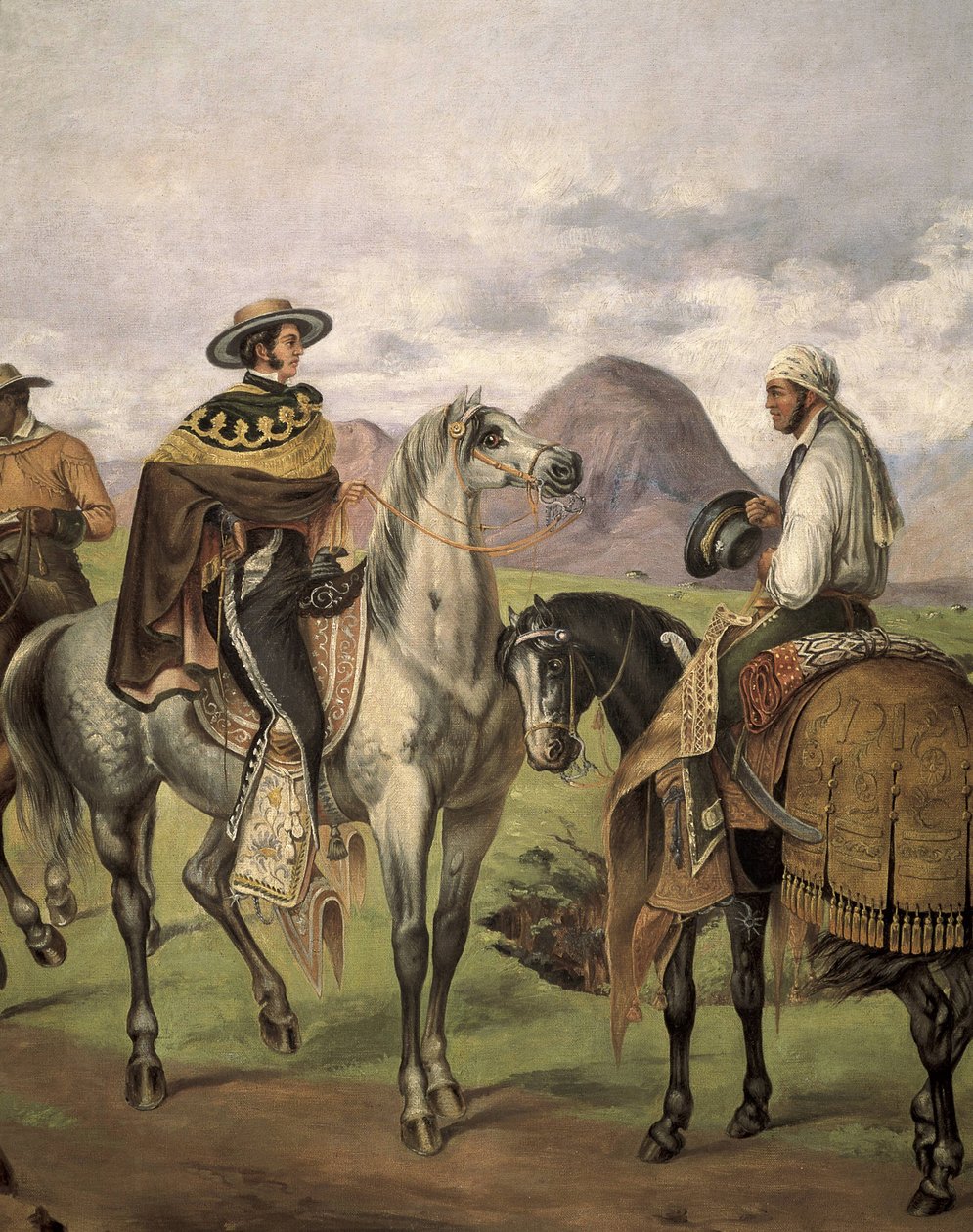 Charros”” (Meksikalı biniciler) süslü giysilerle giyinmiş. Mateo Saldana (1875-1951), 20. yüzyıl eseri. Kostümcülük. Tuval üzerine yağlıboya by Mateo Saldana
