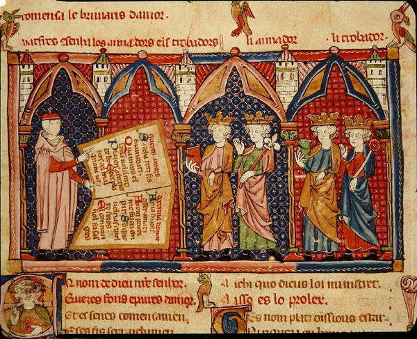 Fol.5v ಮಾಸ್ಟರ್ ಎರ್ಮೆಂಗೌಟ್ ತನ್ನ ಪುಸ್ತಕವನ್ನು ನಾಲ್ಕು ರಾಜರು ಟರ್ಕಿಯವರಿಗೆ ಪ್ರಸ್ತುತಪಡಿಸುತ್ತಿದ್ದಾರೆ by Matfre Ermengaut