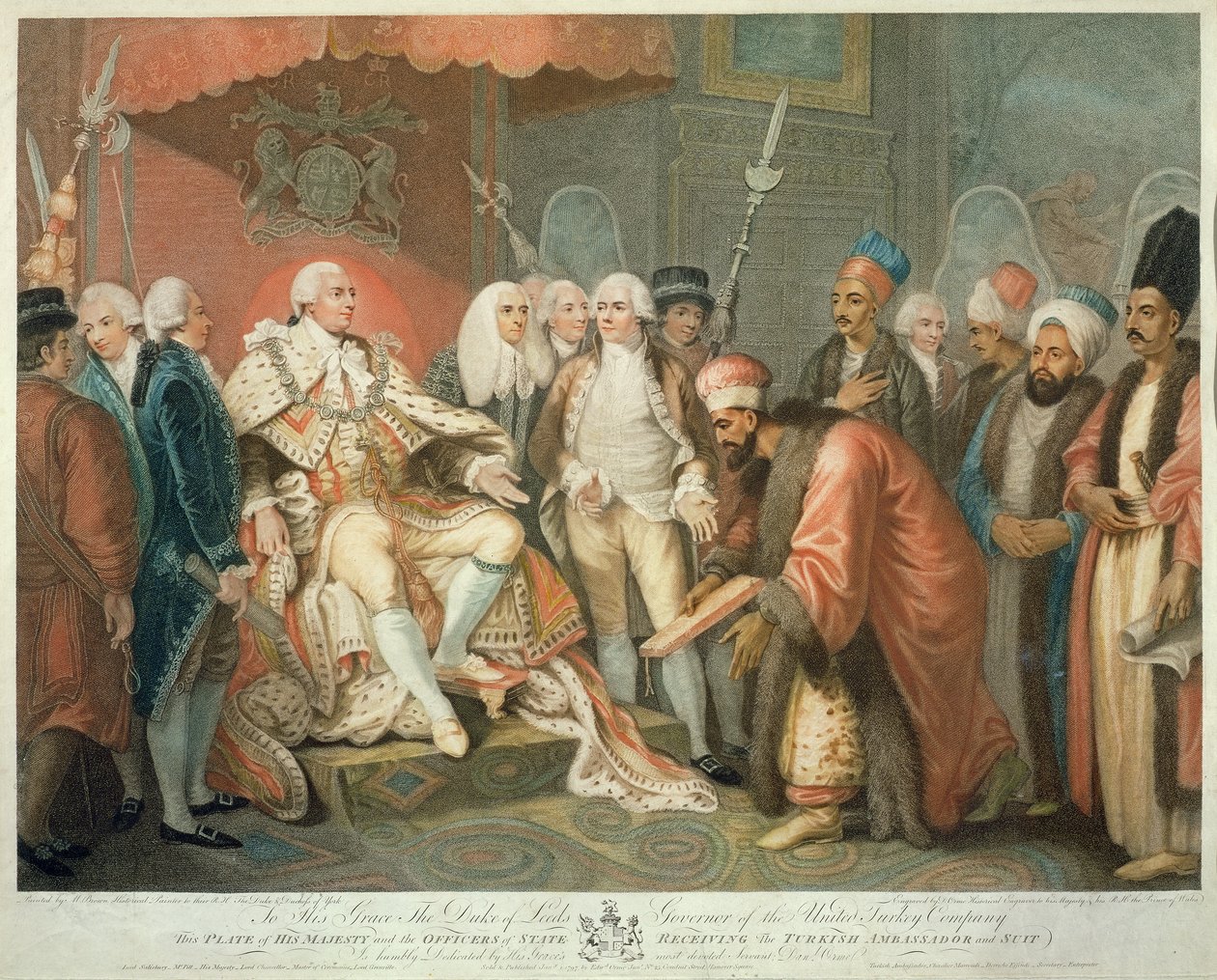 Majesteleri ve Devlet Memurları Türk Büyükelçisini ve Takımını Karşılarken, Daniel Orme (1767-s.1832), yay. Edward Orme, 1797 (nokta gravürü) by Mather Brown