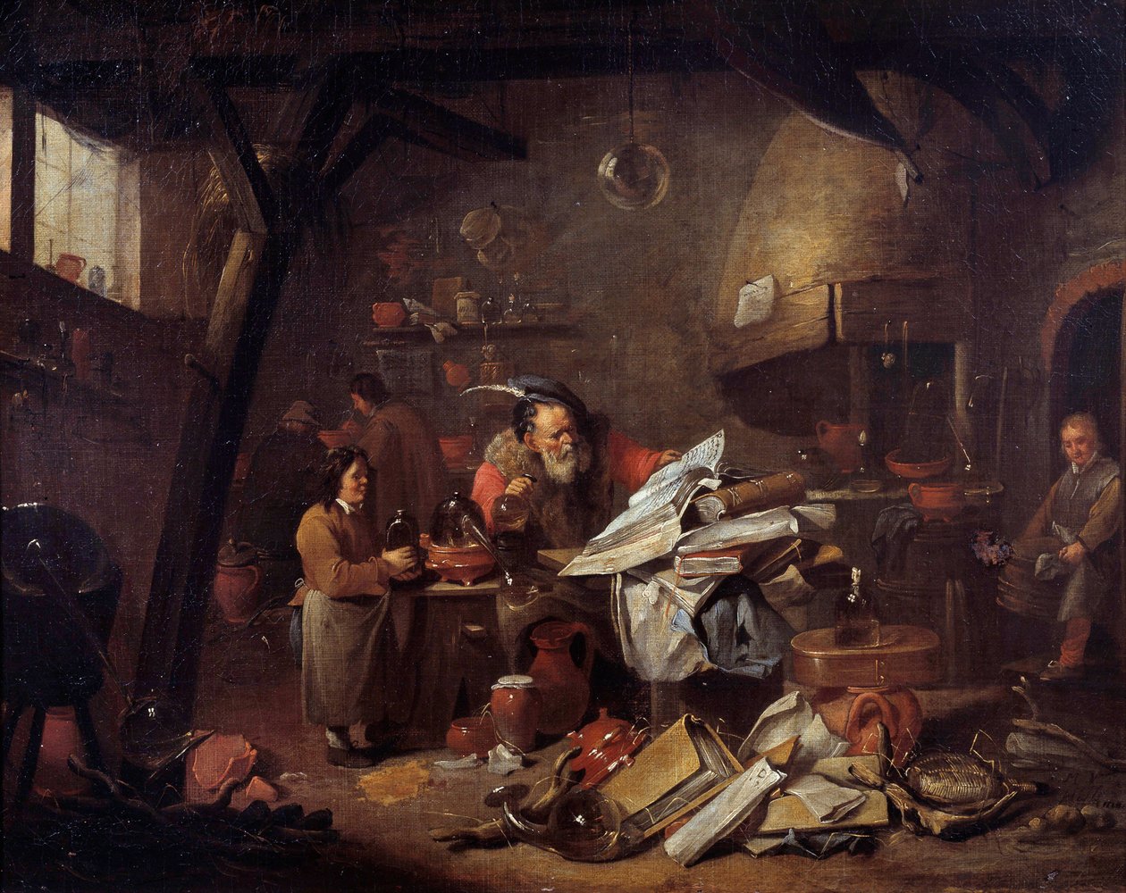 Bir simyacı laboratuvarının içi, Matheus van Helmont (1623-1679) tarafından tablo 17. yüzyıl Montpellier musee Fabre by Matheus van Helmont