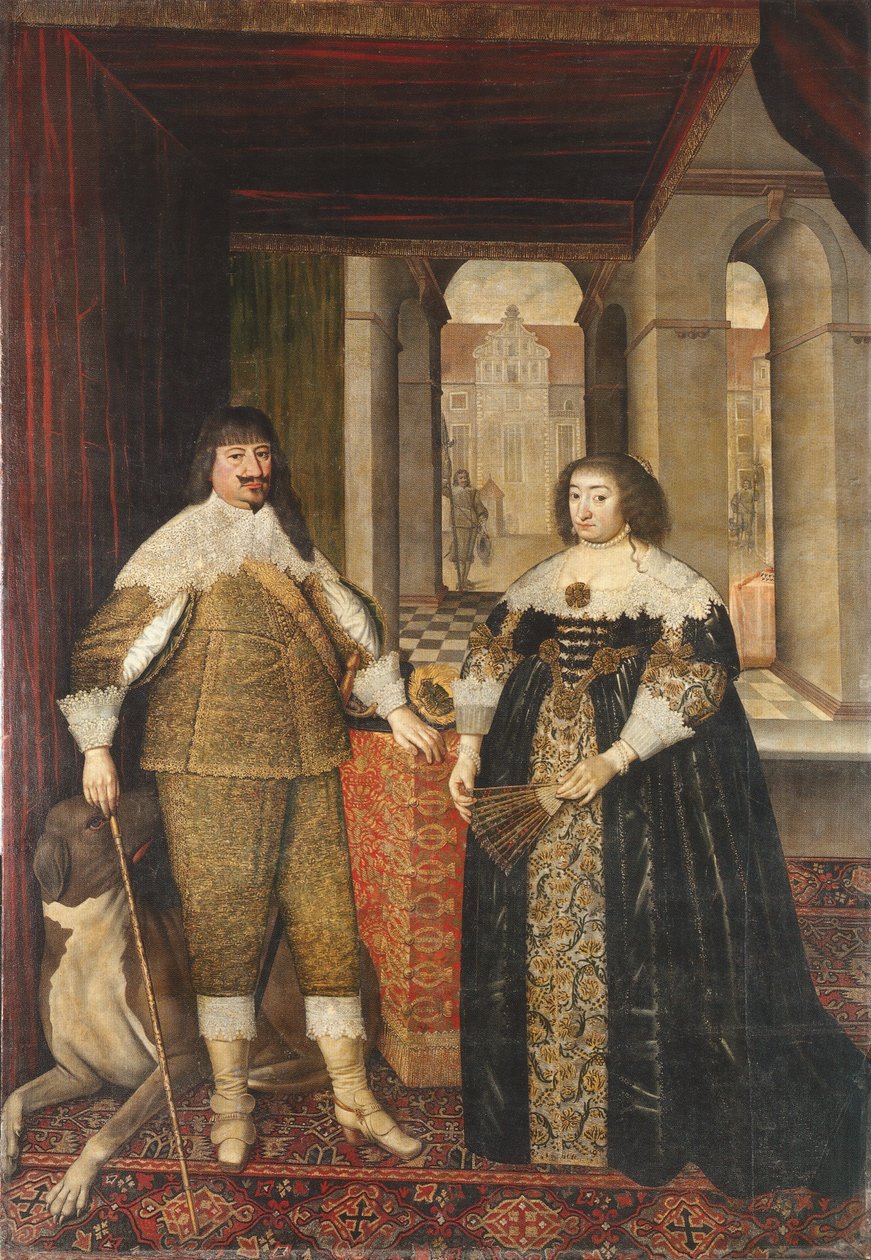 Brandenburg Seçmeni George William ve eşi Pfalzlı Elizabeth Charlotte ve bir mastiff portresi by Mathias Czwiczek
