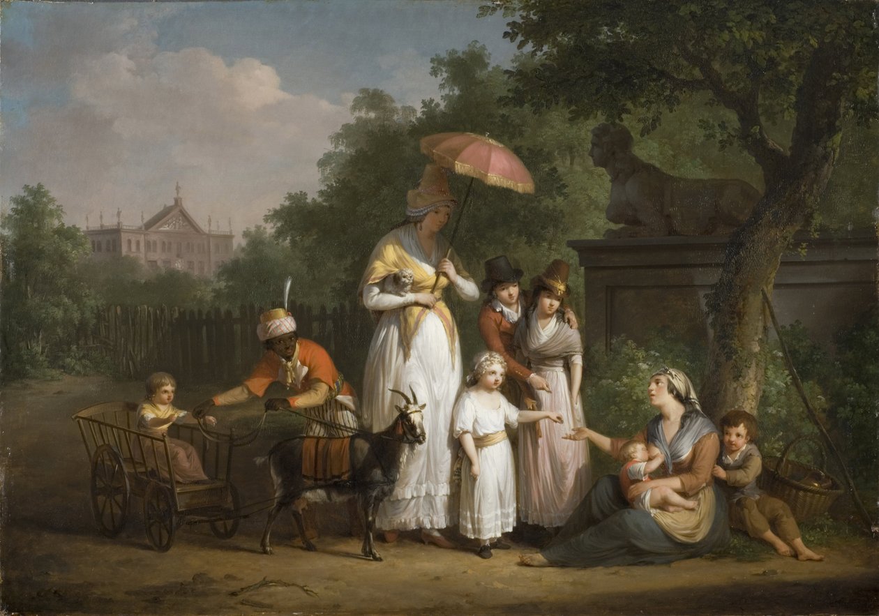Soylu bir aile bir parkta sadaka dağıtıyor - Bree, Mathieu Ignace van (1773-1839) tarafından Parkta Sadaka Dağıtan Soylu Bir Aile. ahşap üzerine yağ by Mathieu Ignace van Bree
