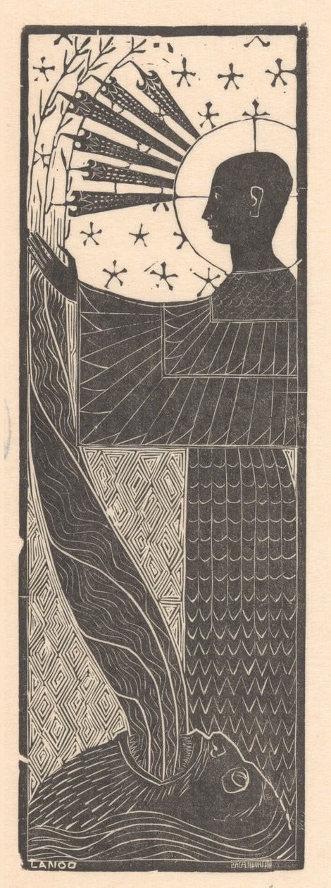 Ayakta duran figür ve ağzı açık adamın kafası On iki gravür (dizi başlığı) by Mathieu Lauweriks
