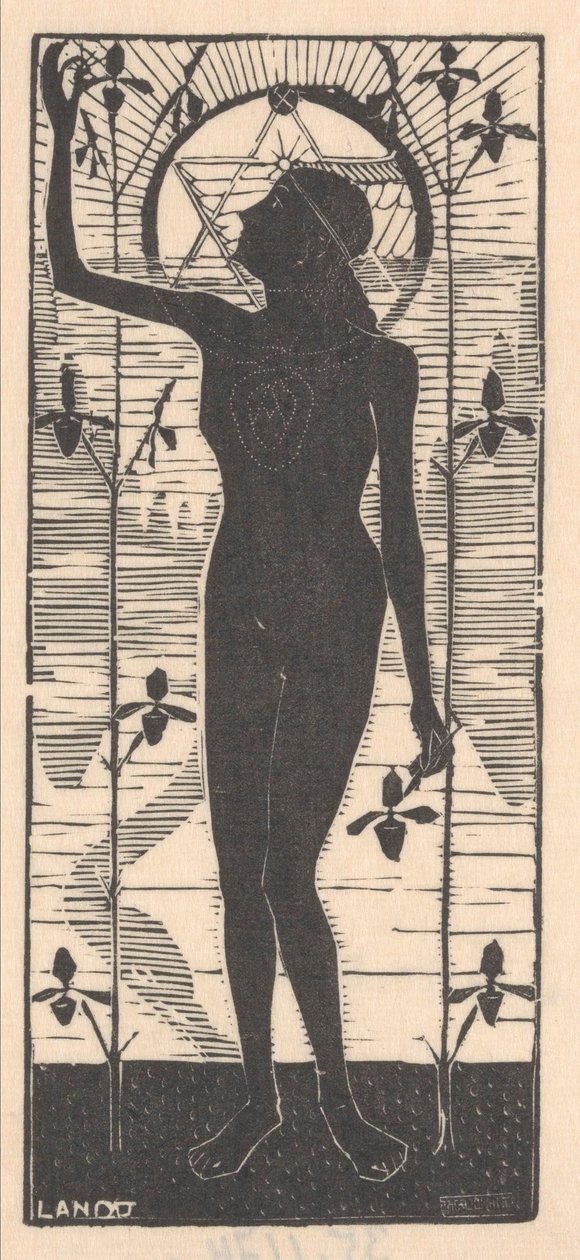 Bitki Köklerinin Yanında Duran Çıplak Kadın Daha Yüksekleri Hedefliyor (orijinal başlık) Oniki Gravür (dizi başlığı) by Mathieu Lauweriks