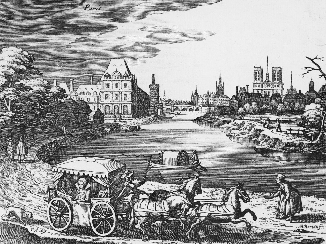 Ön planda bir sahne koçu ile Louvre ve Tuileries manzarası by Mattaus the Younger Merian