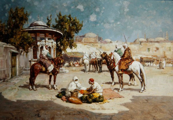 Pazar Meydanında Arap Savaşçıları, c.1910 (panelde yağlı boya) by Matteo Da Angelo Rossotti