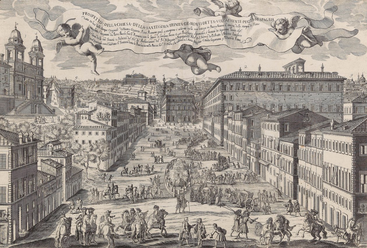 Yaygın olarak Piazza di Spagnia olarak bilinen Santissima Trinita de Monti kilisesinin prospektüsü, 1696. by Matteo Gregorio de Rossi