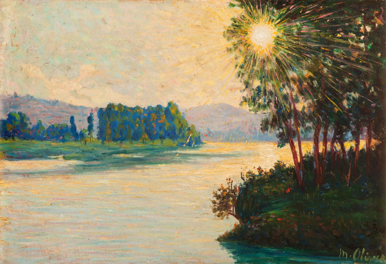 Nehirde yükselen güneş (panelde yağ) by Matteo Pietro Olivero
