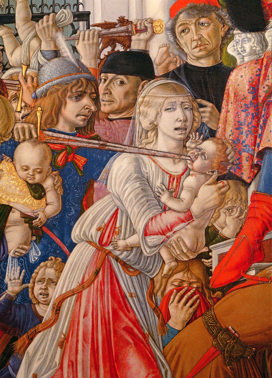 Masumların Katliamı, bir bebeği kılıcıyla delen bir askerin detayı, 106233 panel detayında 1482 tempera by Matteo di Giovanni di Bartolo