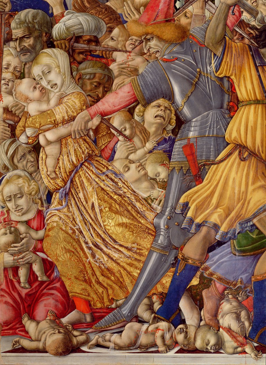 Masumların Katliamı, bir çocuğu bıçaklamaya hazırlanan bir askerin detayı ve çevredeki katliam, 106233 panel detayında 1482 tempera by Matteo di Giovanni di Bartolo