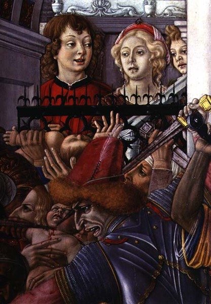 Masumların Katliamı, saraydan katliamı izleyen iki izleyicinin detayı by Matteo di Giovanni di Bartolo
