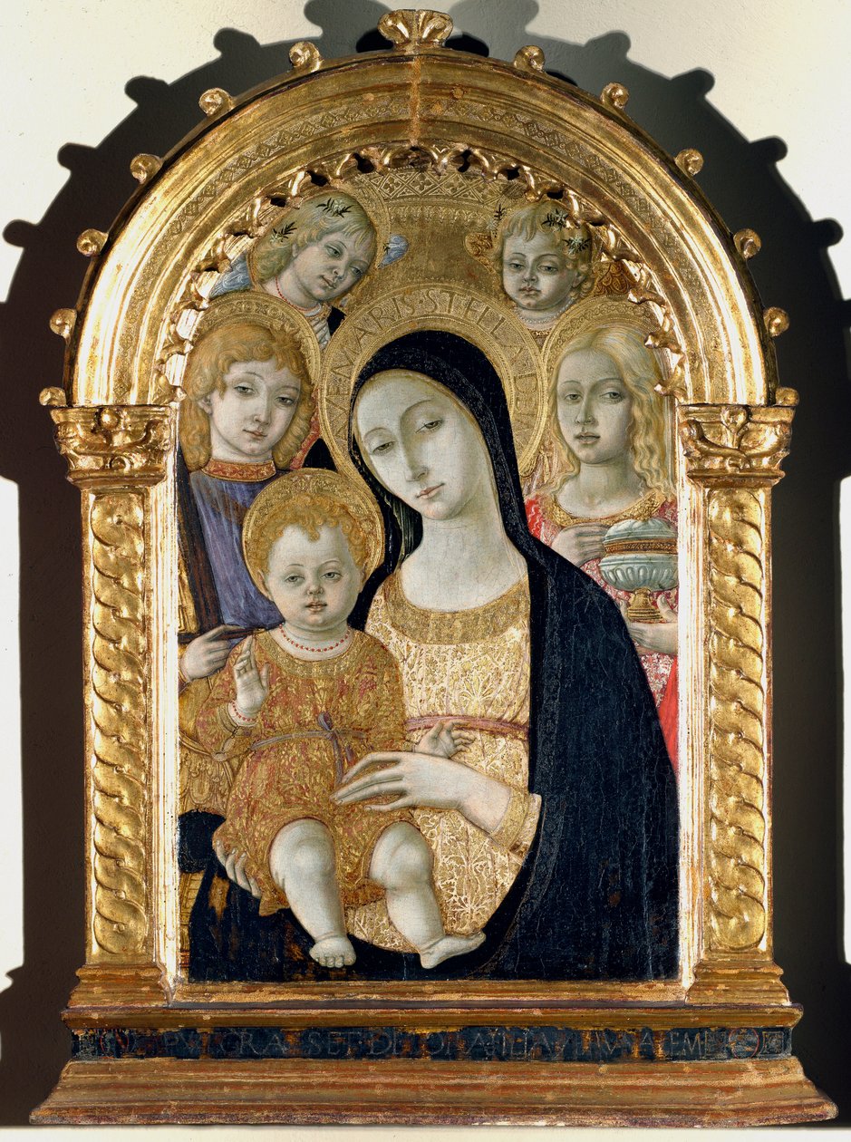 İsa çocuğu ile Bakire, Aziz Mikail, Mecdelli Meryem (Ahşap üzerine resim by Matteo di Giovanni di Bartolo