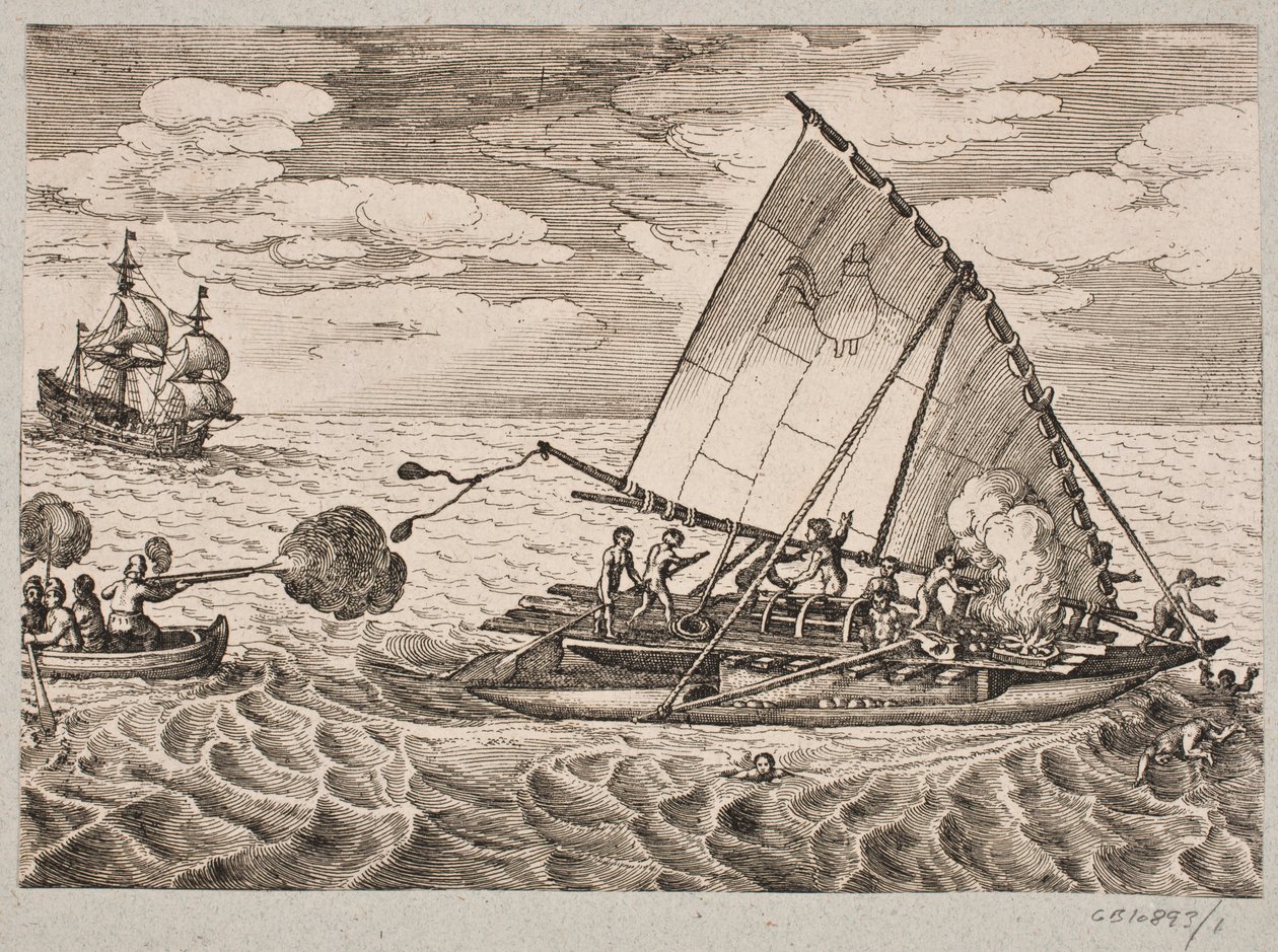 Hollandalı vahşi insanlar ve çocuklarla gemiyi fethetti by Matthäus Merian d.Æ.