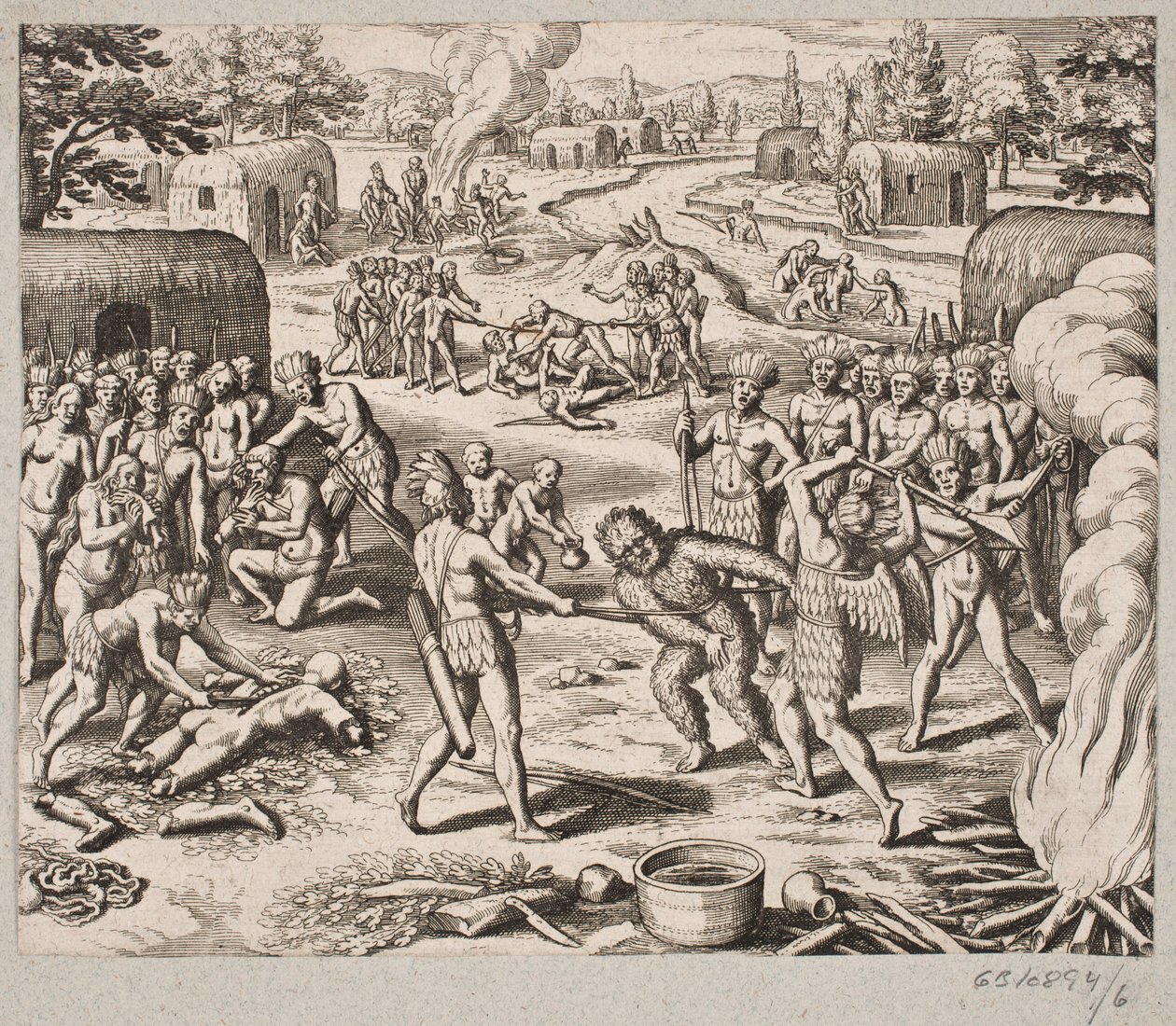 Düşmanlarından birini yakaladıklarında, barbarca ve insanlık dışı bir şekilde idam edilirler ve yenirler. by Matthäus Merian d.Æ.