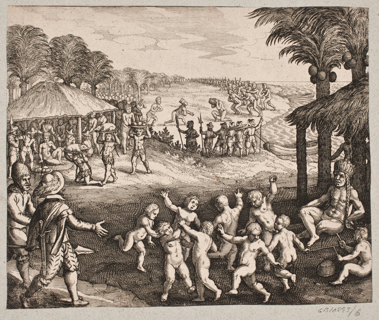 Yemek servisi yapan, içecek hazırlayan vahşiler ve kral için yaptıkları danslar hakkında by Matthäus Merian d.Æ.