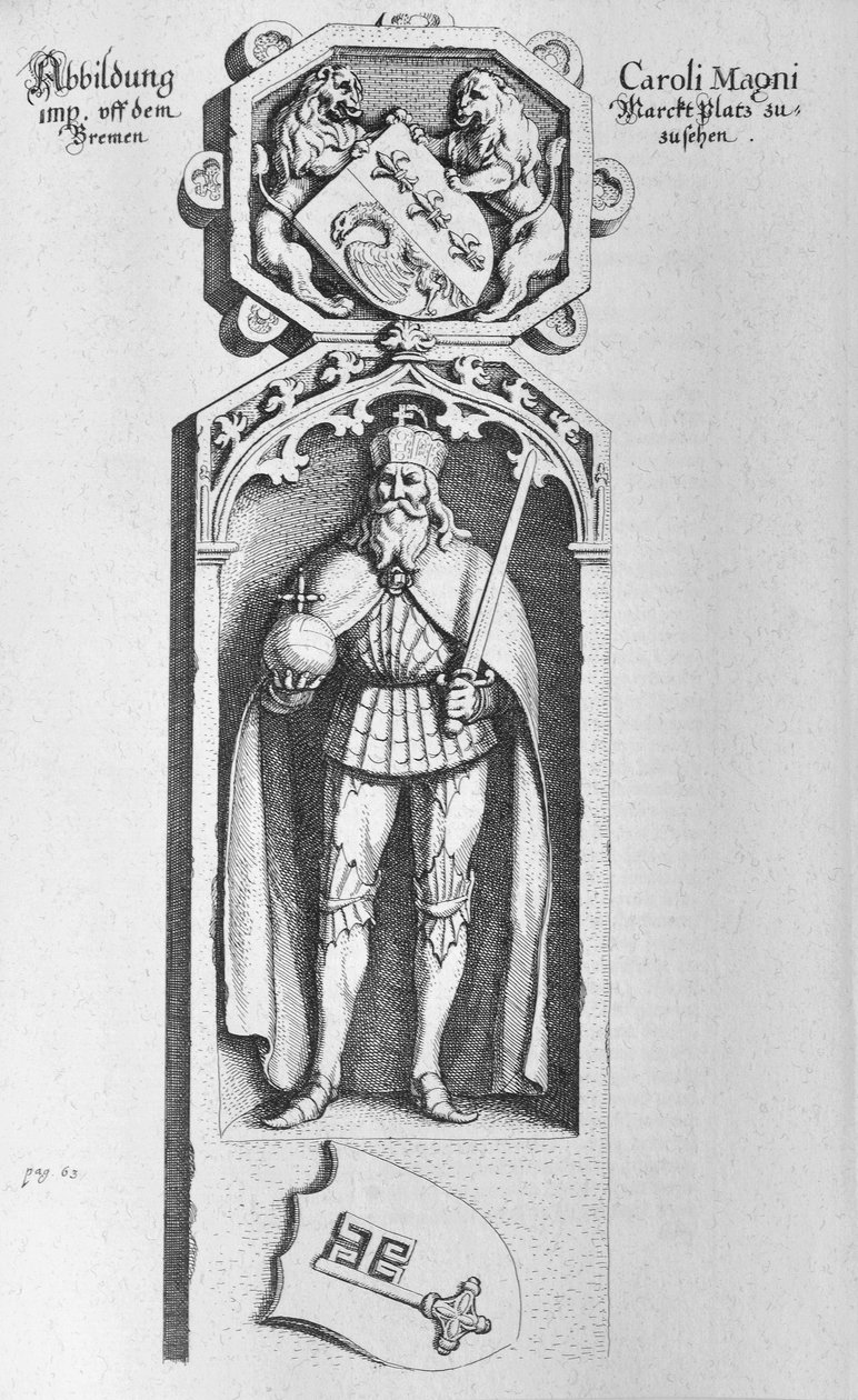 Bremen pazar meydanında Charlemagne heykeli by Matthaus Merian