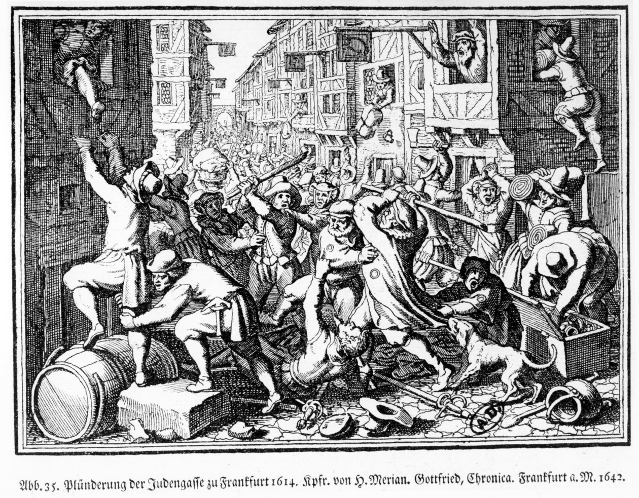 22 Ağustos'ta Frankfurt'taki Fettmilch isyanları sırasında Yahudi Sokağı'nın yağmalanması by Matthaus the Elder (after) Merian