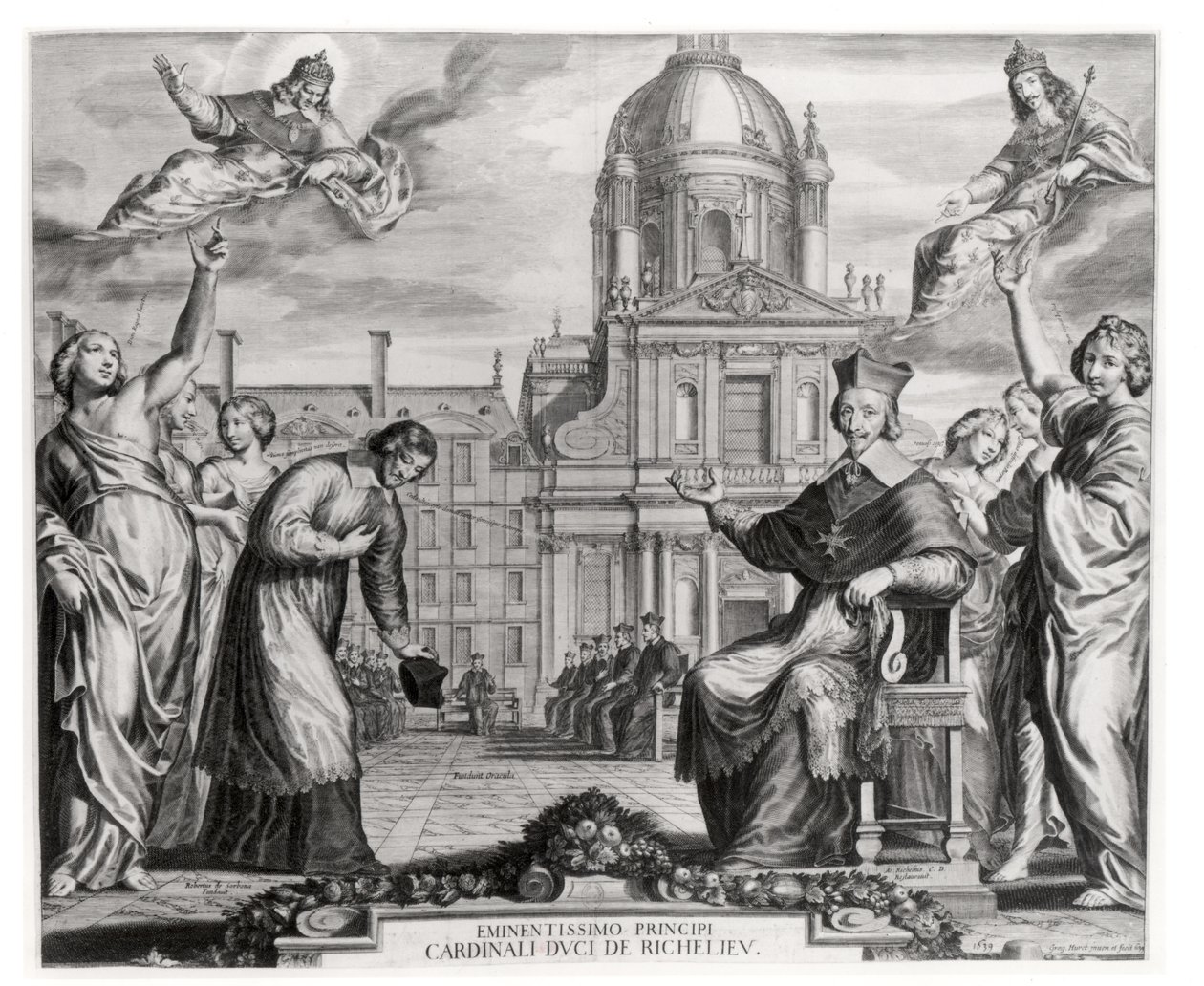 Robert de Sorbon (1201-94) ve Kardinal Richelieu (1575-1642), Sorbonne Önünde, Gregoire Huret (1606-70) 1639 tarafından oyulmuş by Matthaus the Elder Merian