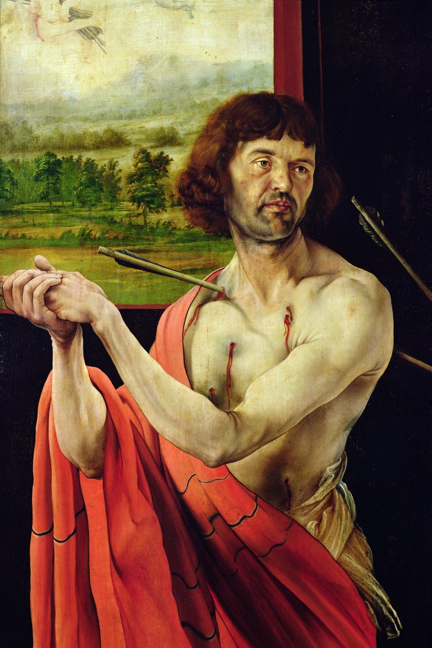 Isenheim mihrabından Saint Sebastien detayı ve manzara, iç kanat, c.1512-16, panelde yağ by Matthias Grünewald