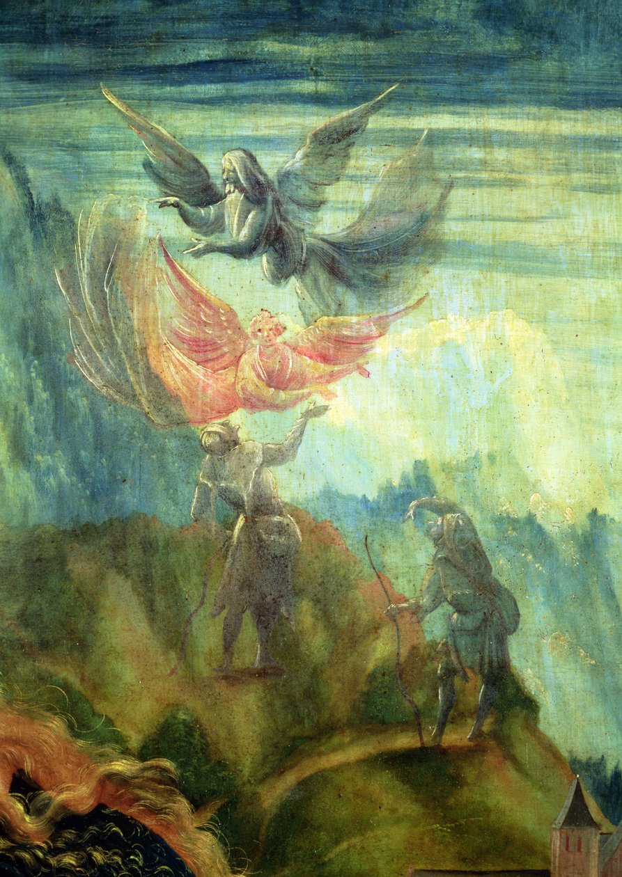 Isenheim mihrabından Doğuş sahnesinin detayı çobanlara duyuru, c.1512-16, panel üzerine yağlı boya by Matthias Grünewald