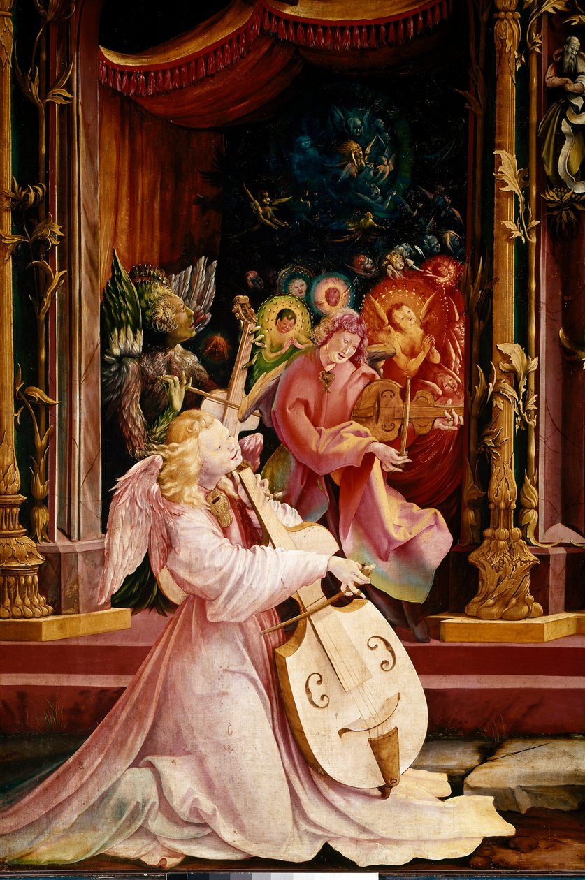 Issenheim (veya Isenheim) Altarpiece: “” La Nativite”” Angels müzisyenlerinin konserinden detay. Ortadaki melek gamba viyola çalıyor. Mathis Neithardt tarafından yapılan paneller Gothardt ve Matthias Grunewald (1480-1528) (ec.all.) 1512-1516 Dim. 265x304 c by Matthias (c.1480 1528) Grunewald