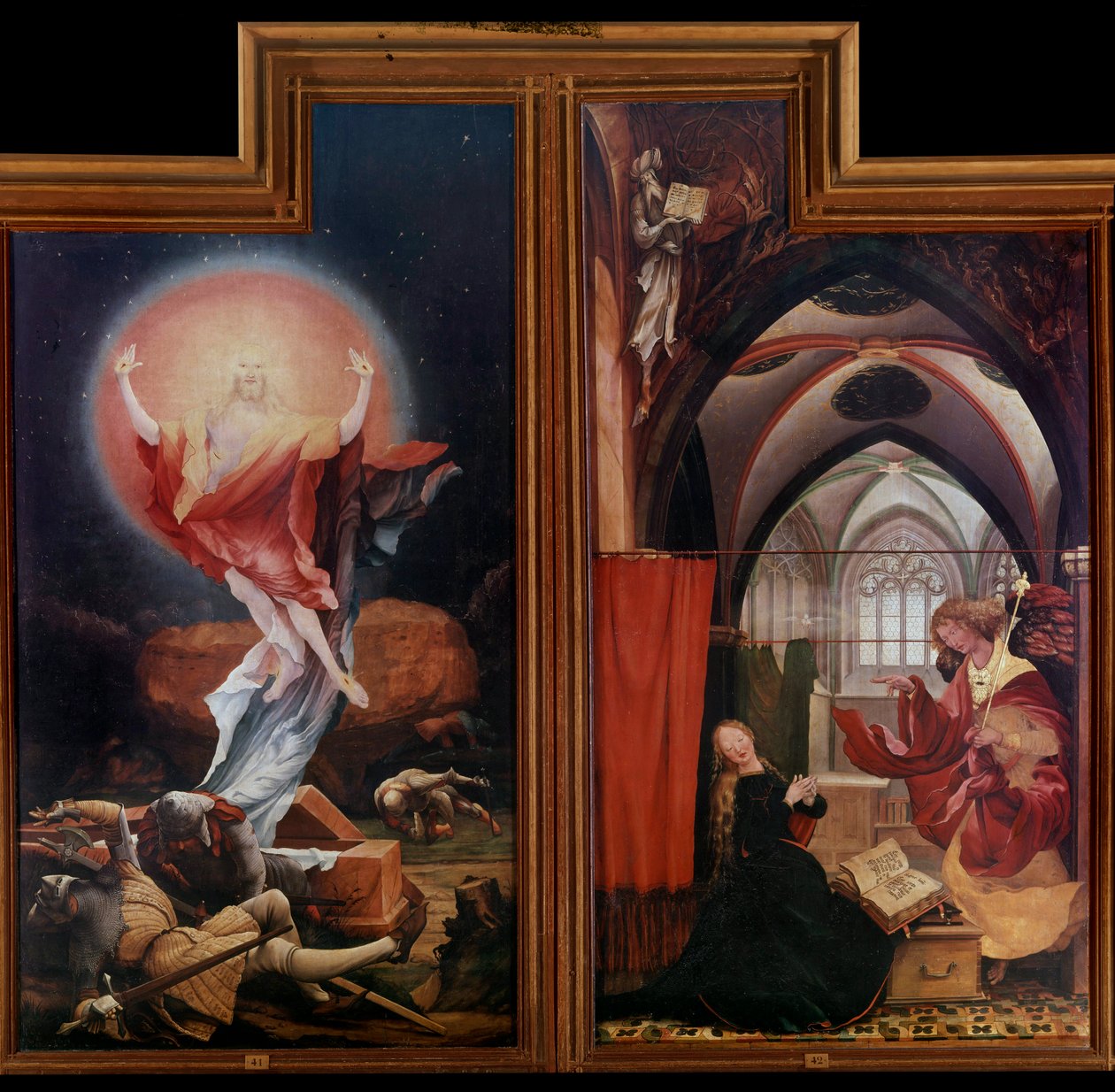 Issenheim (veya Isenheim) Altarpiece: “” Diriliş”” “” Müjde”” Matthias Grunewald dit Matthias Grunewald (1480-1528) Mathis Neithardt tarafından Paneller 1512-1516 Colmar, Musee Unterlinden by Matthias (c.1480 1528) Grunewald
