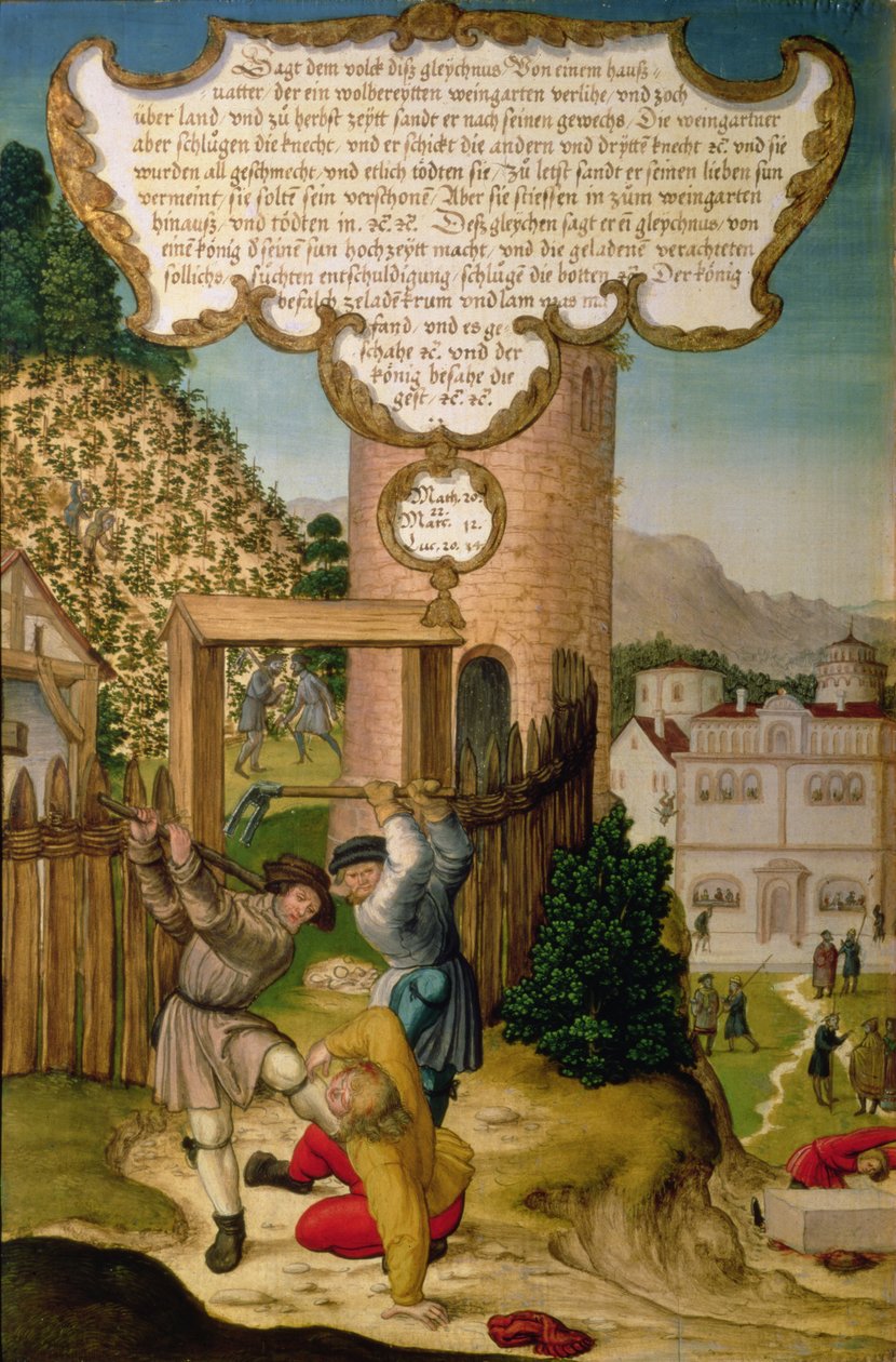 Bağ sahibinin varisini öldüren bağcılar, Mesih'in 'İnşaatçıların reddettiği taş köşenin baş taşıdır' öğretisini örnekliyor, Mompelgarter Altarpiece'den (panel) kanat panelinin bir bölümü (ayrıca bkz. 72465-79) by Matthias Gerung or Gerou