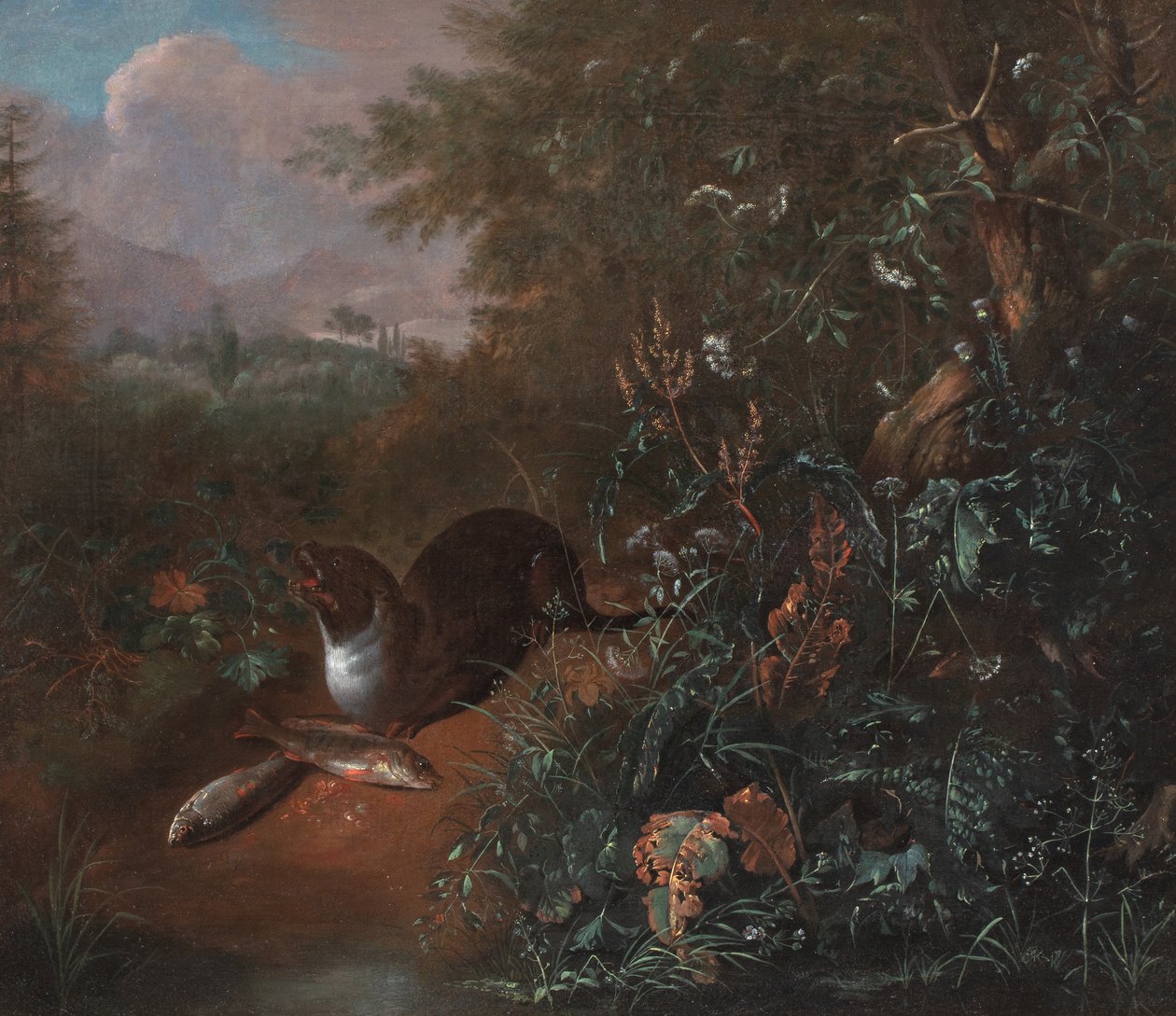 Su Samuru ve İki Balıklı Orman Natürmortu, c.1650-1700 (tuval üzerine yağlıboya) by Matthias Withoos