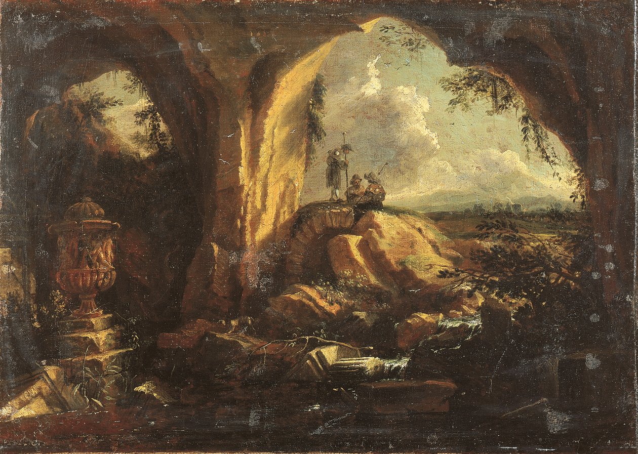 Antik bir vazo ve harabeleri olan bir mağaranın içi, girişte üç hacı by Matthias Withoos