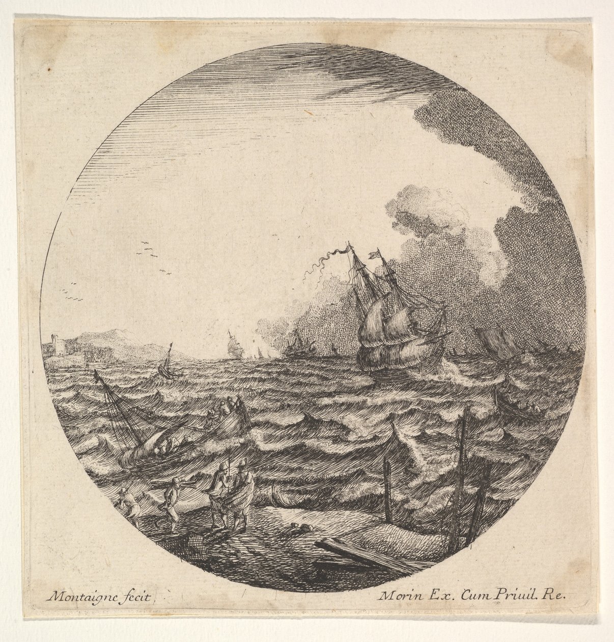 Yuvarlak bir kompozisyonda fırtına, sol dalgalarda yedi kişi tarafından işgal edilen küçük bir gemiyi fırlatın ..., ca. 1625-60. by Matthijs van Plattenberg
