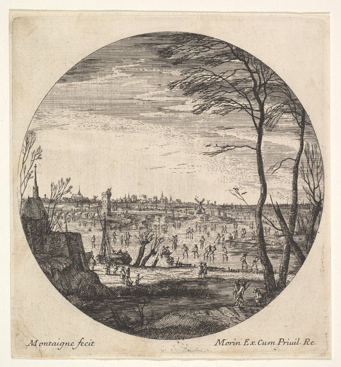 Yuvarlak bir kompozisyonda donmuş bir su kütlesi üzerinde artistik buz pateni yapan kış manzarası..., ca. 1625-60. by Matthijs van Plattenberg
