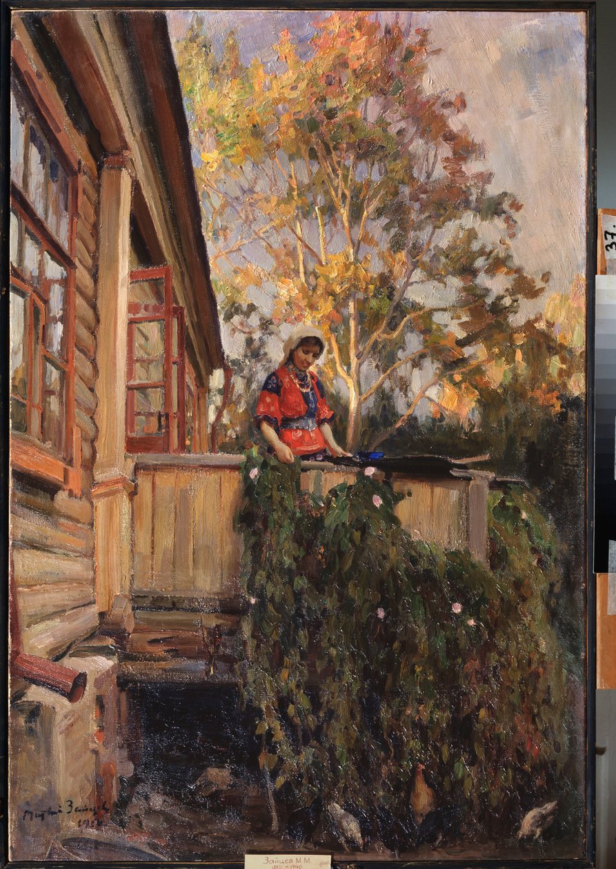 Balkonda - Tablo Matvei Markovich Zaytsev (1880-1940), tuval üzerine yağlı boya by Matvei Markovich Zaytsev