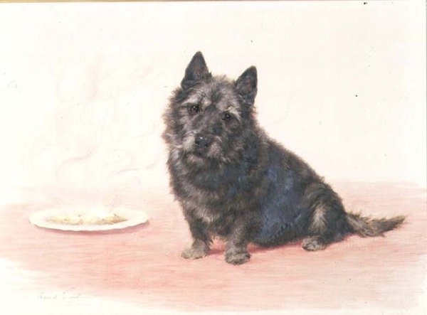 Suppertime - bir tabağın yanında oturan bir İskoç teriyeri by Maud Earl